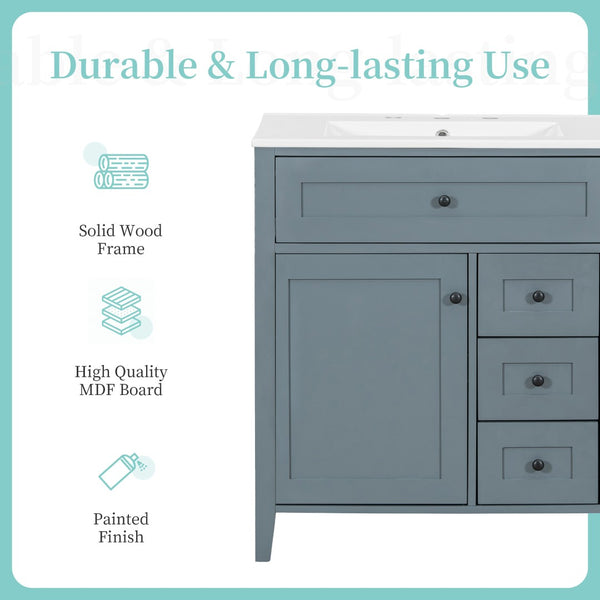 English Elm 30-Inch Freestanding Bathroom Vanity with Ceramic Sink MDF Cabinet and 3 Drawers Gray Blue N725P464938E