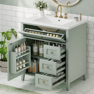 English Elm 30-Inch Freestanding Bathroom Vanity with Ceramic Sink MDF Cabinet and 3 Drawers Light Green N725P464938F