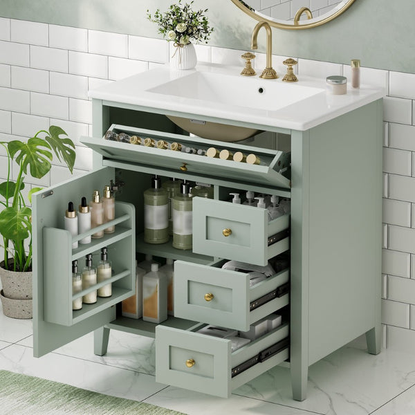 English Elm 30-Inch Freestanding Bathroom Vanity with Ceramic Sink MDF Cabinet and 3 Drawers Light Green N725P464938F