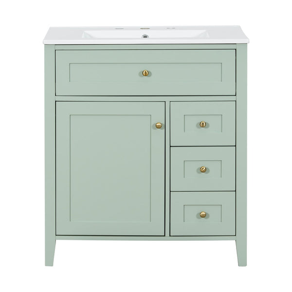 English Elm 30-Inch Freestanding Bathroom Vanity with Ceramic Sink MDF Cabinet and 3 Drawers Light Green N725P464938F