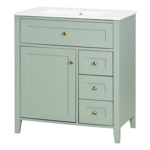 English Elm 30-Inch Freestanding Bathroom Vanity with Ceramic Sink MDF Cabinet and 3 Drawers Light Green N725P464938F