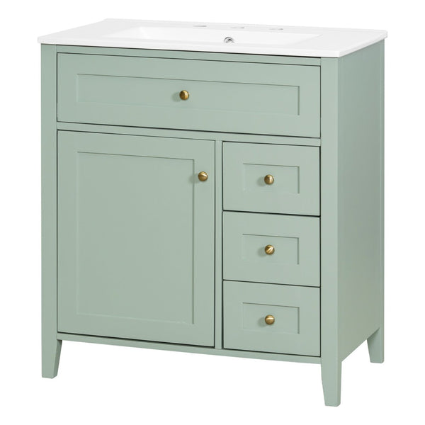 English Elm 30-Inch Freestanding Bathroom Vanity with Ceramic Sink MDF Cabinet and 3 Drawers Light Green N725P464938F