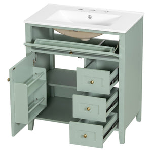 English Elm 30-Inch Freestanding Bathroom Vanity with Ceramic Sink MDF Cabinet and 3 Drawers Light Green N725P464938F