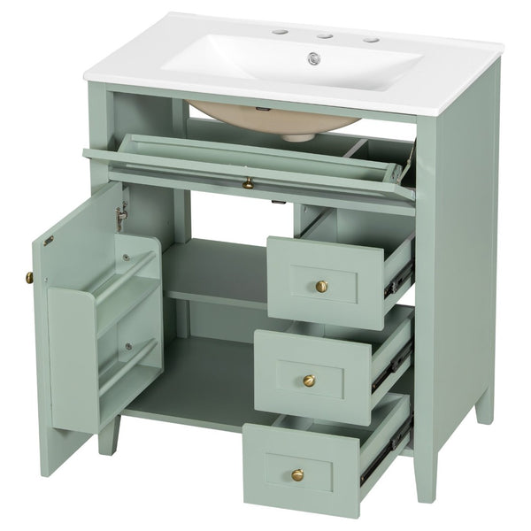 English Elm 30-Inch Freestanding Bathroom Vanity with Ceramic Sink MDF Cabinet and 3 Drawers Light Green N725P464938F
