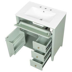 English Elm 30-Inch Freestanding Bathroom Vanity with Ceramic Sink MDF Cabinet and 3 Drawers Light Green N725P464938F