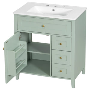 English Elm 30-Inch Freestanding Bathroom Vanity with Ceramic Sink MDF Cabinet and 3 Drawers Light Green N725P464938F