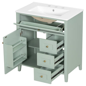 English Elm 30-Inch Freestanding Bathroom Vanity with Ceramic Sink MDF Cabinet and 3 Drawers Light Green N725P464938F