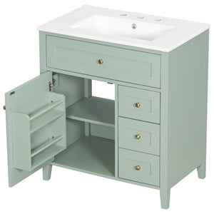 English Elm 30-Inch Freestanding Bathroom Vanity with Ceramic Sink MDF Cabinet and 3 Drawers Light Green N725P464938F