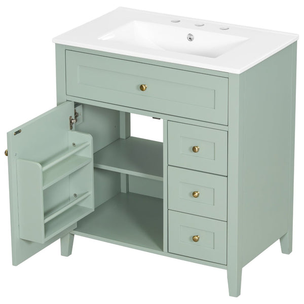 English Elm 30-Inch Freestanding Bathroom Vanity with Ceramic Sink MDF Cabinet and 3 Drawers Light Green N725P464938F