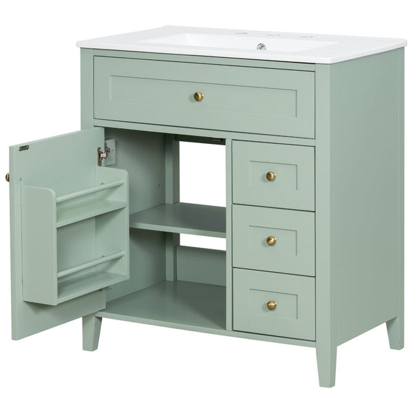 English Elm 30-Inch Freestanding Bathroom Vanity with Ceramic Sink MDF Cabinet and 3 Drawers Light Green N725P464938F