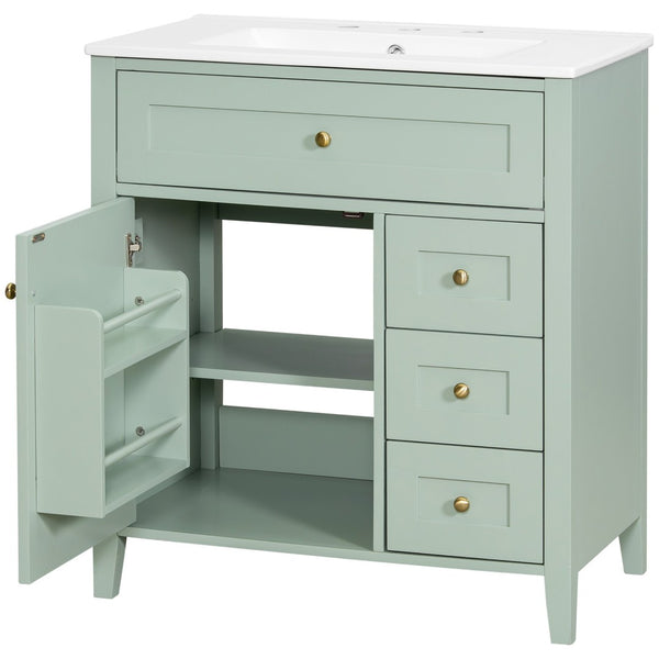 English Elm 30-Inch Freestanding Bathroom Vanity with Ceramic Sink MDF Cabinet and 3 Drawers Light Green N725P464938F