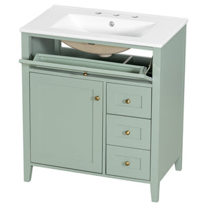 English Elm 30-Inch Freestanding Bathroom Vanity with Ceramic Sink MDF Cabinet and 3 Drawers Light Green N725P464938F