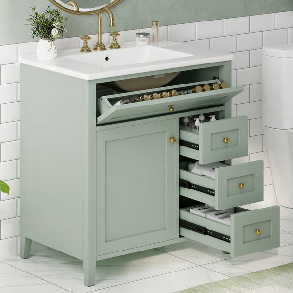 English Elm 30-Inch Freestanding Bathroom Vanity with Ceramic Sink MDF Cabinet and 3 Drawers Light Green N725P464938F