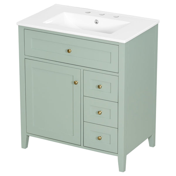 English Elm 30-Inch Freestanding Bathroom Vanity with Ceramic Sink MDF Cabinet and 3 Drawers Light Green N725P464938F