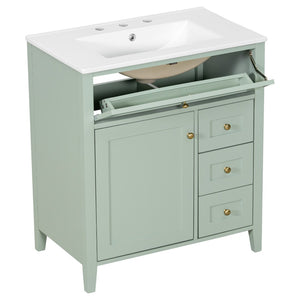 English Elm 30-Inch Freestanding Bathroom Vanity with Ceramic Sink MDF Cabinet and 3 Drawers Light Green N725P464938F