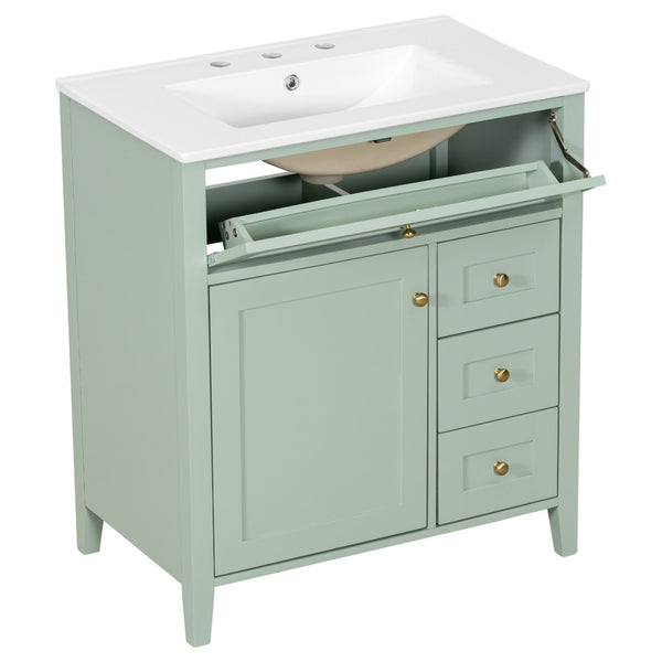 English Elm 30-Inch Freestanding Bathroom Vanity with Ceramic Sink MDF Cabinet and 3 Drawers Light Green N725P464938F
