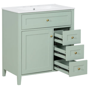 English Elm 30-Inch Freestanding Bathroom Vanity with Ceramic Sink MDF Cabinet and 3 Drawers Light Green N725P464938F