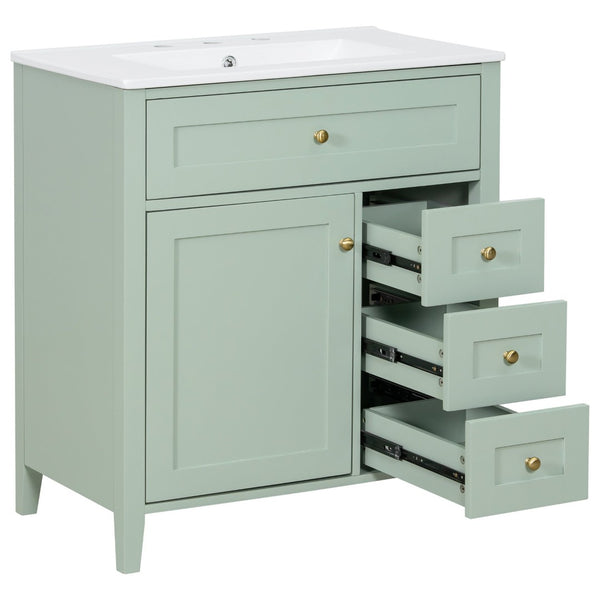 English Elm 30-Inch Freestanding Bathroom Vanity with Ceramic Sink MDF Cabinet and 3 Drawers Light Green N725P464938F