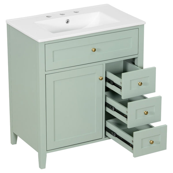 English Elm 30-Inch Freestanding Bathroom Vanity with Ceramic Sink MDF Cabinet and 3 Drawers Light Green N725P464938F