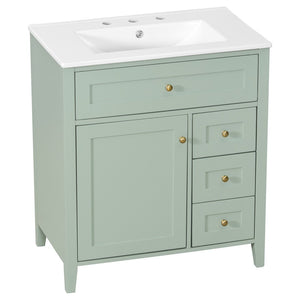 English Elm 30-Inch Freestanding Bathroom Vanity with Ceramic Sink MDF Cabinet and 3 Drawers Light Green N725P464938F