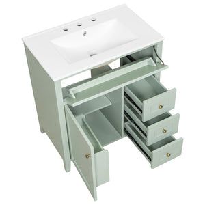 English Elm 30-Inch Freestanding Bathroom Vanity with Ceramic Sink MDF Cabinet and 3 Drawers Light Green N725P464938F
