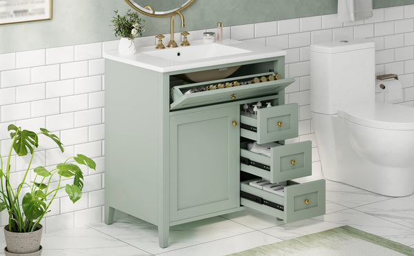 English Elm 30-Inch Freestanding Bathroom Vanity with Ceramic Sink MDF Cabinet and 3 Drawers Light Green N725P464938F