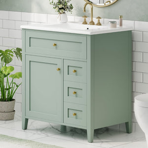 English Elm 30-Inch Freestanding Bathroom Vanity with Ceramic Sink MDF Cabinet and 3 Drawers Light Green N725P464938F
