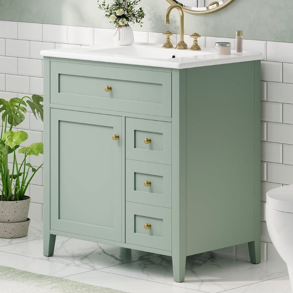 English Elm 30-Inch Freestanding Bathroom Vanity with Ceramic Sink MDF Cabinet and 3 Drawers Light Green N725P464938F
