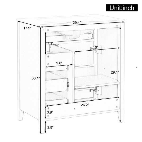 English Elm 30-Inch Freestanding Bathroom Vanity with Ceramic Sink MDF Cabinet and 3 Drawers Light Green N725P464938F