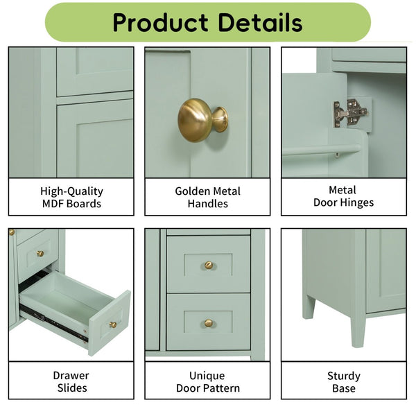 English Elm 30-Inch Freestanding Bathroom Vanity with Ceramic Sink MDF Cabinet and 3 Drawers Light Green N725P464938F