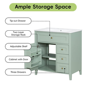 English Elm 30-Inch Freestanding Bathroom Vanity with Ceramic Sink MDF Cabinet and 3 Drawers Light Green N725P464938F