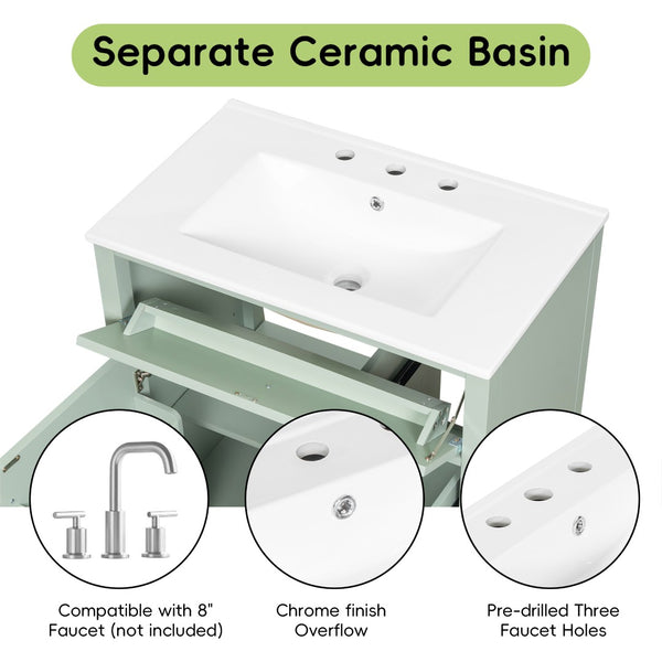 English Elm 30-Inch Freestanding Bathroom Vanity with Ceramic Sink MDF Cabinet and 3 Drawers Light Green N725P464938F