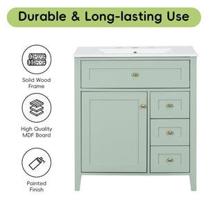 English Elm 30-Inch Freestanding Bathroom Vanity with Ceramic Sink MDF Cabinet and 3 Drawers Light Green N725P464938F