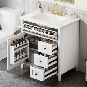 English Elm 30-Inch Freestanding Bathroom Vanity with Ceramic Sink MDF Cabinet and 3 Drawers White N725P464938K
