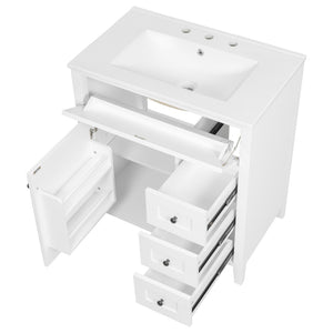 English Elm 30-Inch Freestanding Bathroom Vanity with Ceramic Sink MDF Cabinet and 3 Drawers White N725P464938K