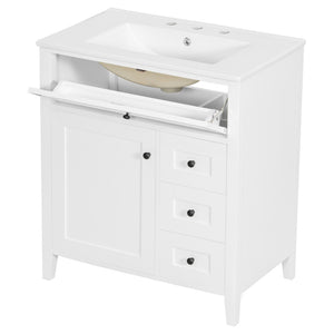 English Elm 30-Inch Freestanding Bathroom Vanity with Ceramic Sink MDF Cabinet and 3 Drawers White N725P464938K