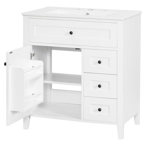 English Elm 30-Inch Freestanding Bathroom Vanity with Ceramic Sink MDF Cabinet and 3 Drawers White N725P464938K
