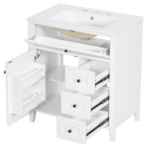 English Elm 30-Inch Freestanding Bathroom Vanity with Ceramic Sink MDF Cabinet and 3 Drawers White N725P464938K