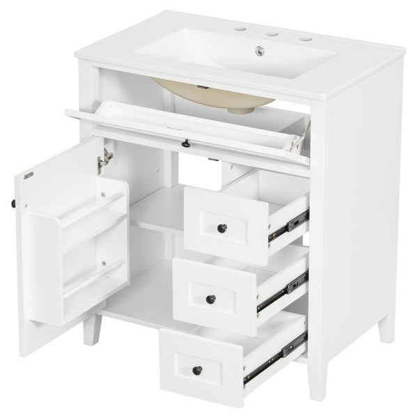 English Elm 30-Inch Freestanding Bathroom Vanity with Ceramic Sink MDF Cabinet and 3 Drawers White N725P464938K