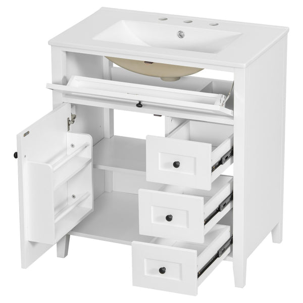 English Elm 30-Inch Freestanding Bathroom Vanity with Ceramic Sink MDF Cabinet and 3 Drawers White N725P464938K