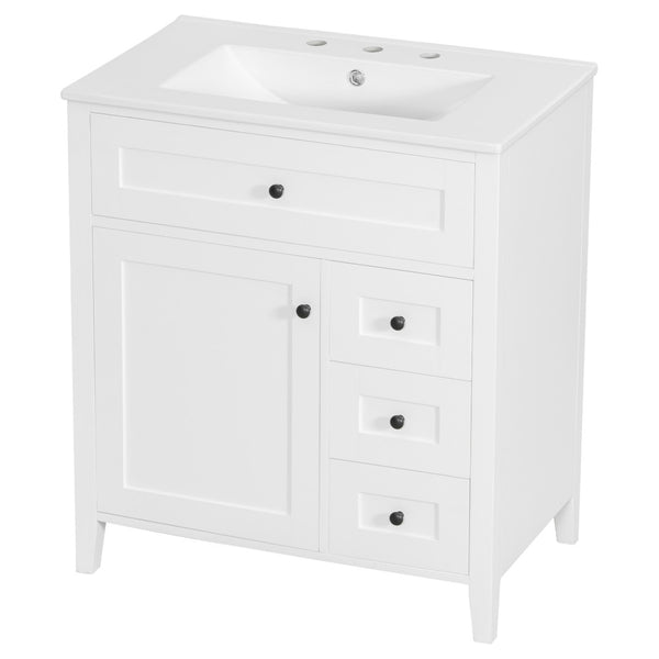 English Elm 30-Inch Freestanding Bathroom Vanity with Ceramic Sink MDF Cabinet and 3 Drawers White N725P464938K