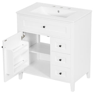 English Elm 30-Inch Freestanding Bathroom Vanity with Ceramic Sink MDF Cabinet and 3 Drawers White N725P464938K