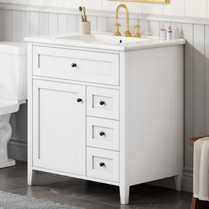 English Elm 30-Inch Freestanding Bathroom Vanity with Ceramic Sink MDF Cabinet and 3 Drawers White N725P464938K