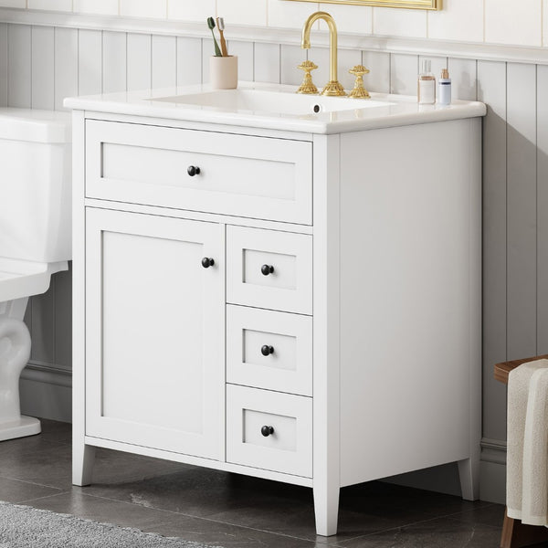 English Elm 30-Inch Freestanding Bathroom Vanity with Ceramic Sink MDF Cabinet and 3 Drawers White N725P464938K