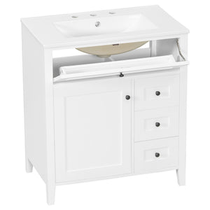 English Elm 30-Inch Freestanding Bathroom Vanity with Ceramic Sink MDF Cabinet and 3 Drawers White N725P464938K