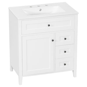 English Elm 30-Inch Freestanding Bathroom Vanity with Ceramic Sink MDF Cabinet and 3 Drawers White N725P464938K