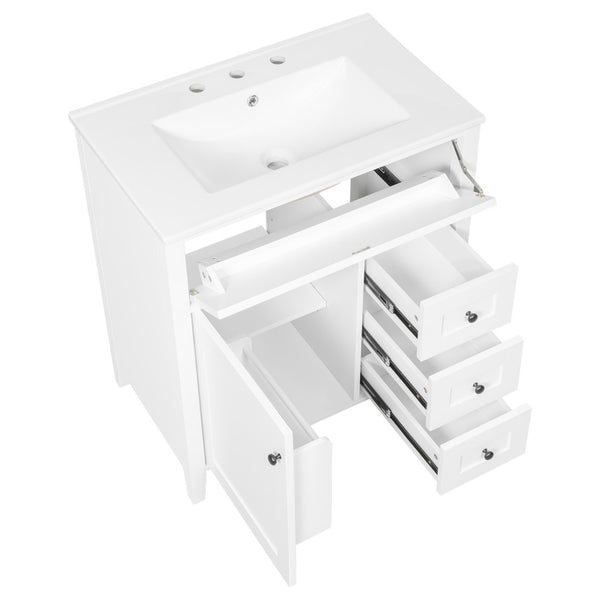English Elm 30-Inch Freestanding Bathroom Vanity with Ceramic Sink MDF Cabinet and 3 Drawers White N725P464938K