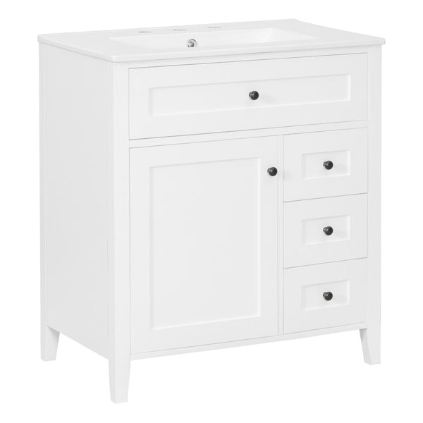 English Elm 30-Inch Freestanding Bathroom Vanity with Ceramic Sink MDF Cabinet and 3 Drawers White N725P464938K
