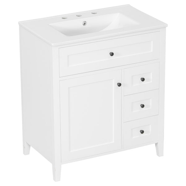 English Elm 30-Inch Freestanding Bathroom Vanity with Ceramic Sink MDF Cabinet and 3 Drawers White N725P464938K