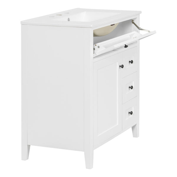 English Elm 30-Inch Freestanding Bathroom Vanity with Ceramic Sink MDF Cabinet and 3 Drawers White N725P464938K